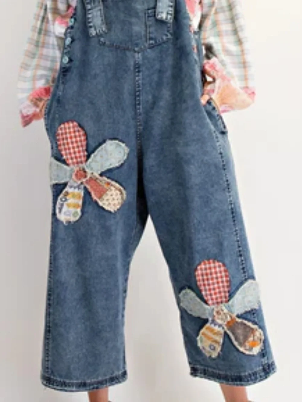 New:Easel Mixed Patchwork Flower Appliqué Boho Wide Leg Denim Jumper Overalls• M - Picture 7 of 7